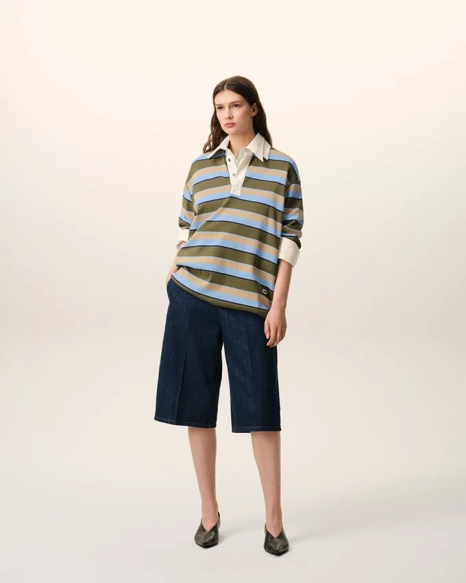 Blue Striped Cotton Ami Patch Polo Blue Striped Cotton Ami Patch Polo
