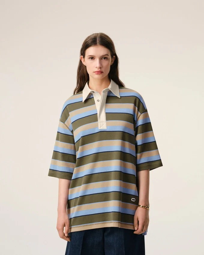 Blue Striped Cotton Ami Patch Polo Blue Striped Cotton Ami Patch Polo