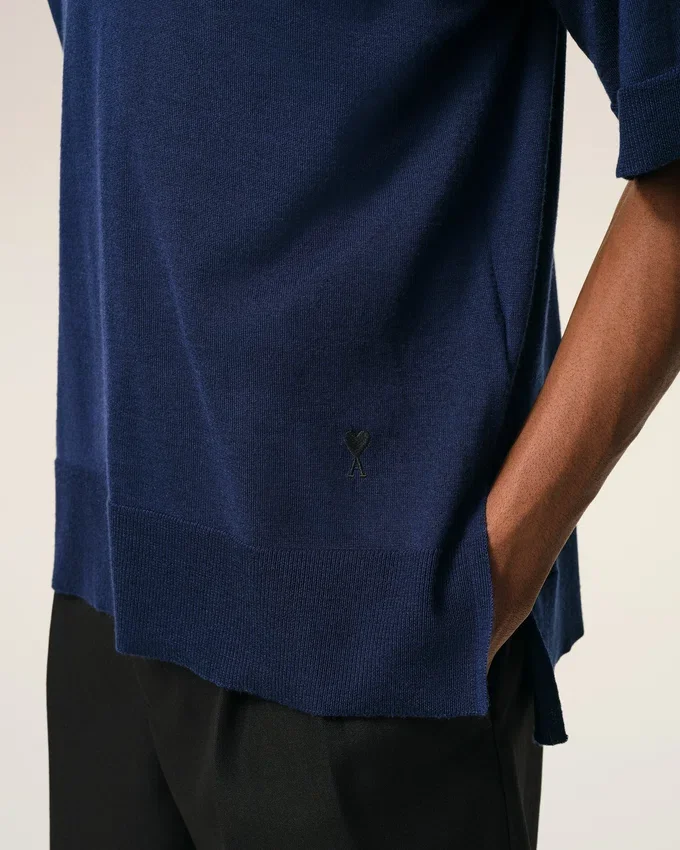Blue Thin Wool Short Sleeves Ami De Coeur Polo Blue Thin Wool Short Sleeves Ami De Coeur Polo