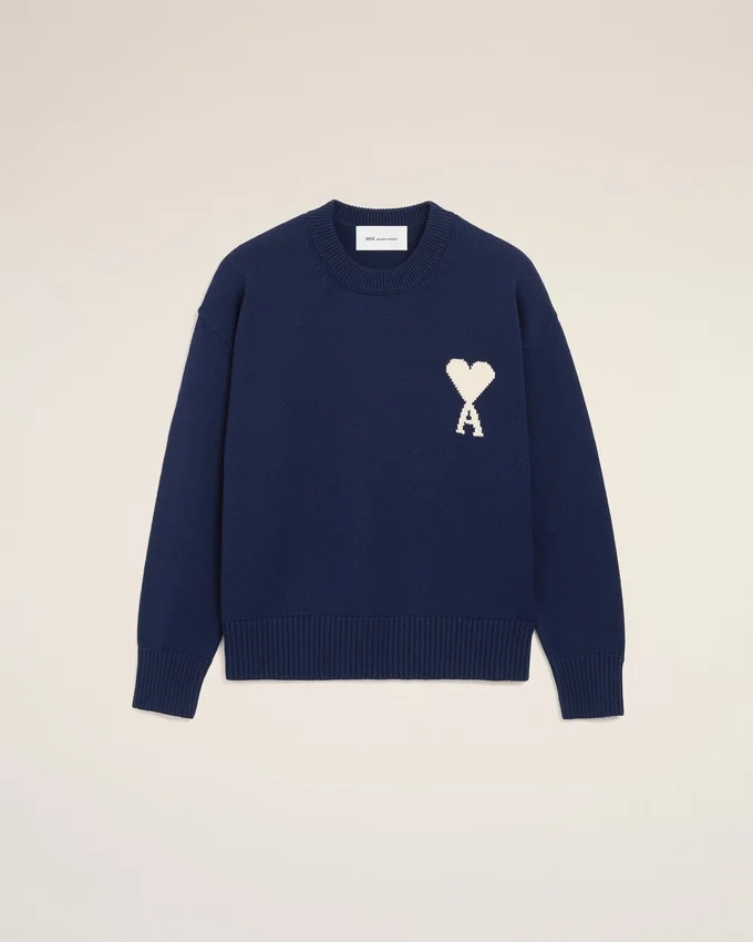 Blue Wool and Cotton Crewneck Ami De Coeur Sweater Blue Wool and Cotton Crewneck Ami De Coeur Sweater