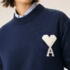 Blue Wool and Cotton Crewneck Ami De Coeur Sweater Blue Wool and Cotton Crewneck Ami De Coeur Sweater