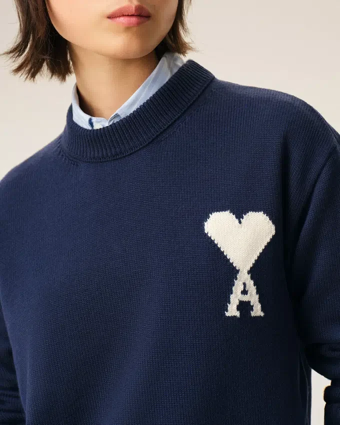 Blue Wool and Cotton Crewneck Ami De Coeur Sweater Blue Wool and Cotton Crewneck Ami De Coeur Sweater