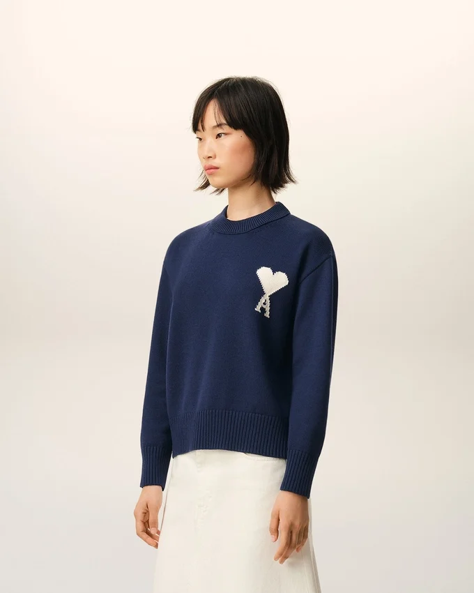 Blue Wool and Cotton Crewneck Ami De Coeur Sweater Blue Wool and Cotton Crewneck Ami De Coeur Sweater