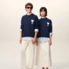 Blue Wool and Cotton Crewneck Ami De Coeur Sweater Blue Wool and Cotton Crewneck Ami De Coeur Sweater