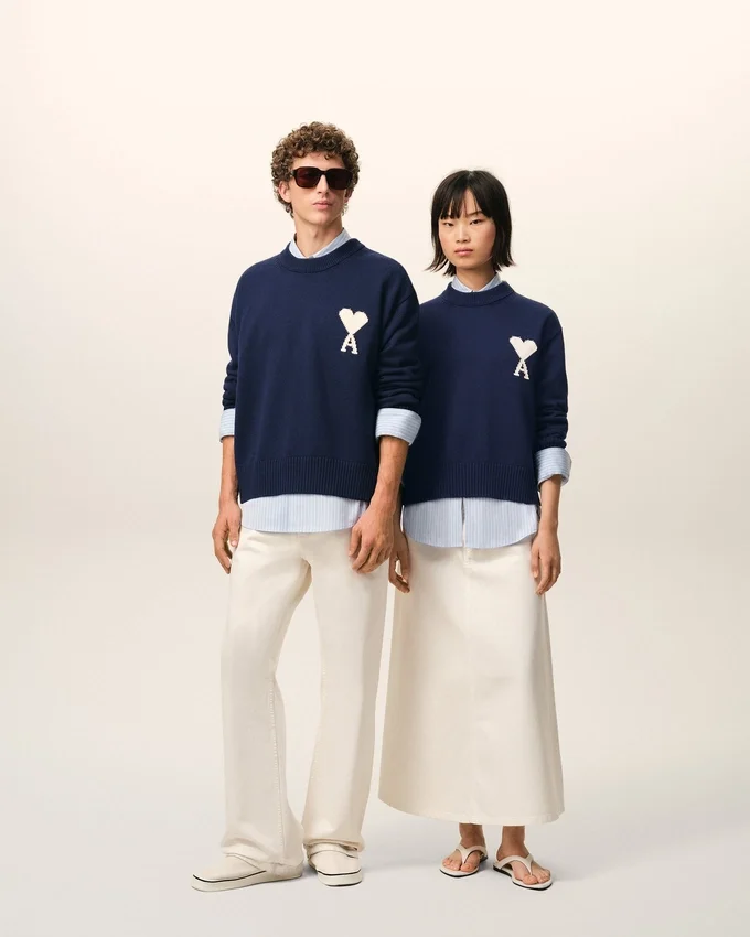 Blue Wool and Cotton Crewneck Ami De Coeur Sweater Blue Wool and Cotton Crewneck Ami De Coeur Sweater