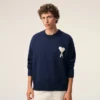 Blue Wool and Cotton Crewneck Ami De Coeur Sweater Blue Wool and Cotton Crewneck Ami De Coeur Sweater