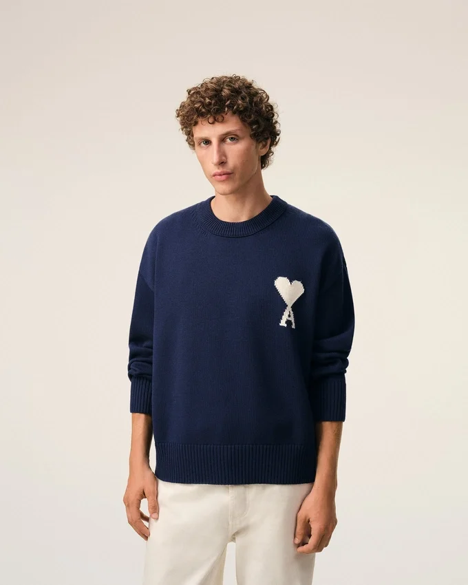 Blue Wool and Cotton Crewneck Ami De Coeur Sweater Blue Wool and Cotton Crewneck Ami De Coeur Sweater