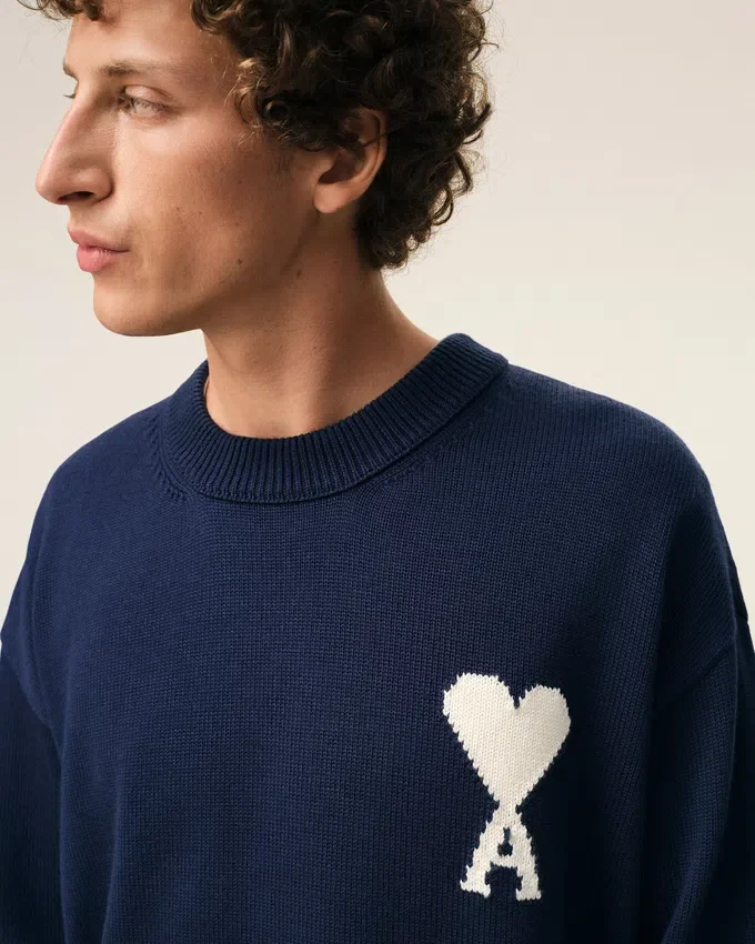 Blue Wool and Cotton Crewneck Ami De Coeur Sweater Blue Wool and Cotton Crewneck Ami De Coeur Sweater