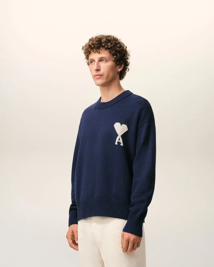 Blue Wool and Cotton Crewneck Ami De Coeur Sweater Blue Wool and Cotton Crewneck Ami De Coeur Sweater