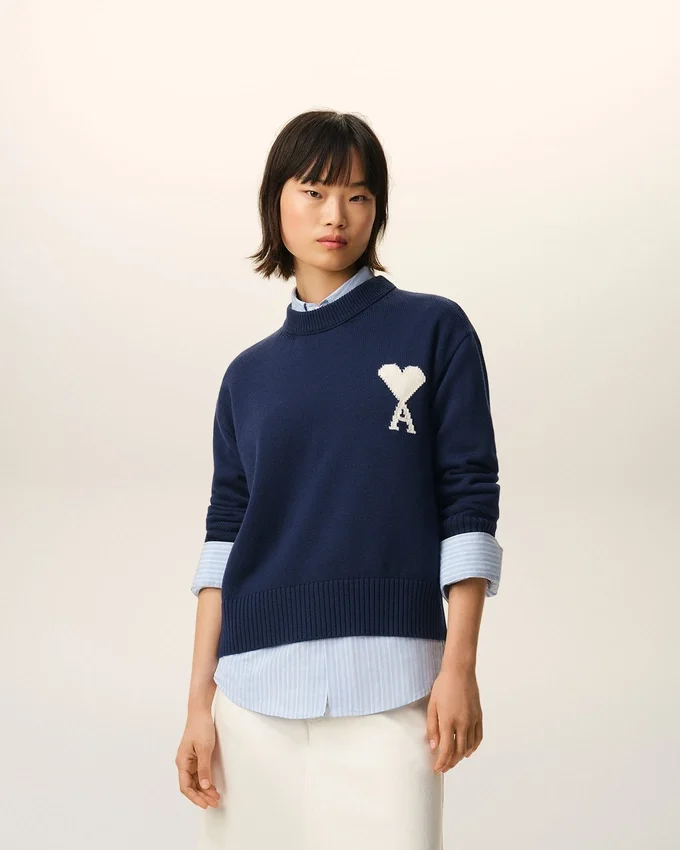 Blue Wool and Cotton Crewneck Ami De Coeur Sweater Blue Wool and Cotton Crewneck Ami De Coeur Sweater