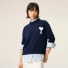 Blue Wool and Cotton Crewneck Ami De Coeur Sweater Blue Wool and Cotton Crewneck Ami De Coeur Sweater