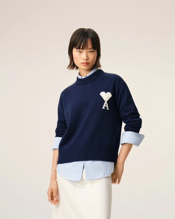 Blue Wool and Cotton Crewneck Ami De Coeur Sweater Blue Wool and Cotton Crewneck Ami De Coeur Sweater