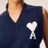 Blue Wool and Cotton Sleeveless Ami De Coeur Sweater Blue Wool and Cotton Sleeveless Ami De Coeur Sweater
