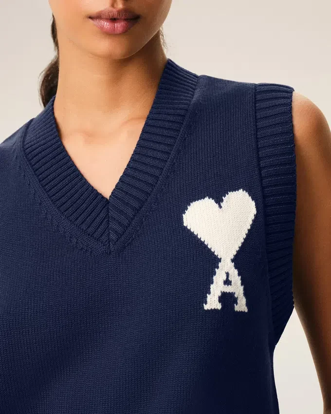 Blue Wool and Cotton Sleeveless Ami De Coeur Sweater Blue Wool and Cotton Sleeveless Ami De Coeur Sweater