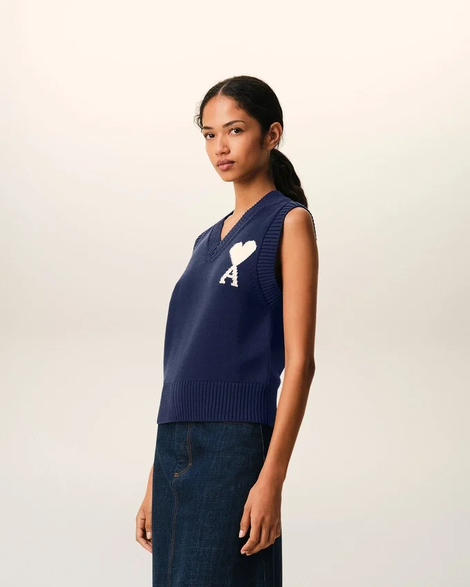 Blue Wool and Cotton Sleeveless Ami De Coeur Sweater Blue Wool and Cotton Sleeveless Ami De Coeur Sweater