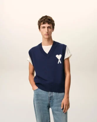 Blue Wool and Cotton Sleeveless Ami De Coeur Sweater