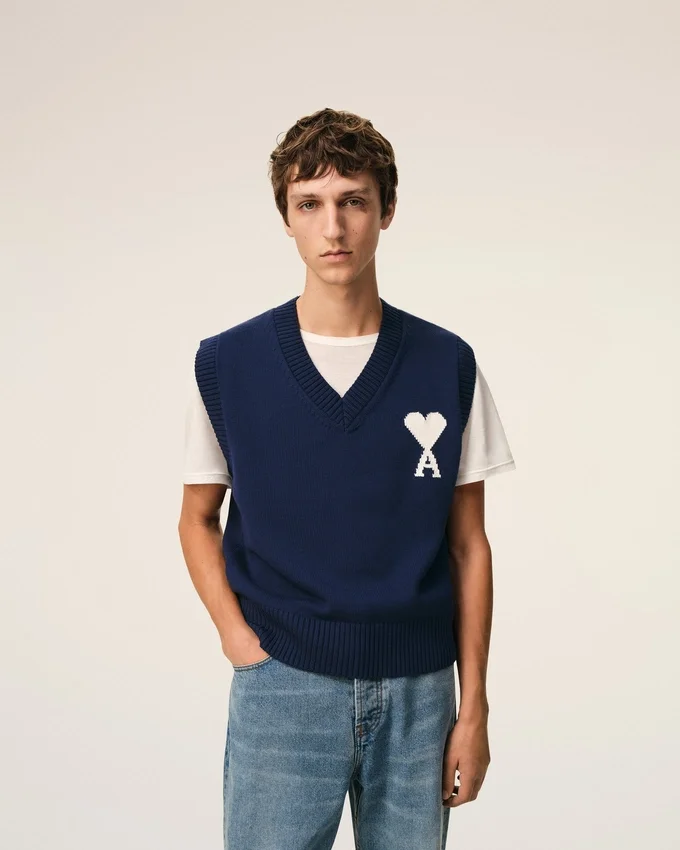 Blue Wool and Cotton Sleeveless Ami De Coeur Sweater Blue Wool and Cotton Sleeveless Ami De Coeur Sweater