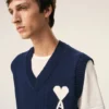 Blue Wool and Cotton Sleeveless Ami De Coeur Sweater Blue Wool and Cotton Sleeveless Ami De Coeur Sweater