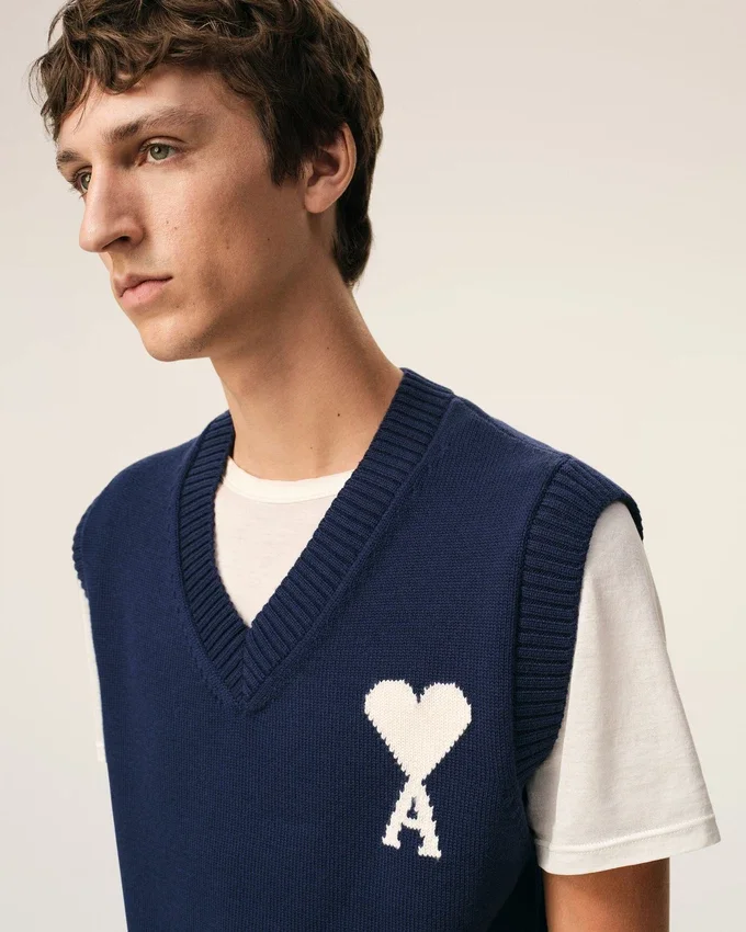 Blue Wool and Cotton Sleeveless Ami De Coeur Sweater Blue Wool and Cotton Sleeveless Ami De Coeur Sweater