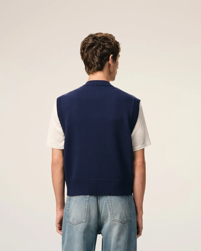 Blue Wool and Cotton Sleeveless Ami De Coeur Sweater Blue Wool and Cotton Sleeveless Ami De Coeur Sweater