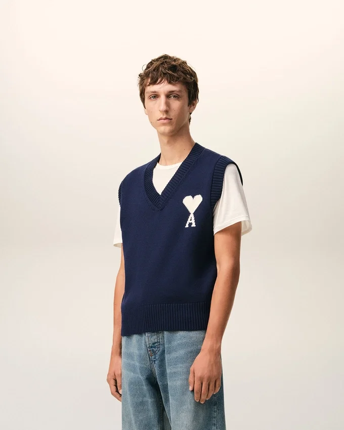 Blue Wool and Cotton Sleeveless Ami De Coeur Sweater Blue Wool and Cotton Sleeveless Ami De Coeur Sweater