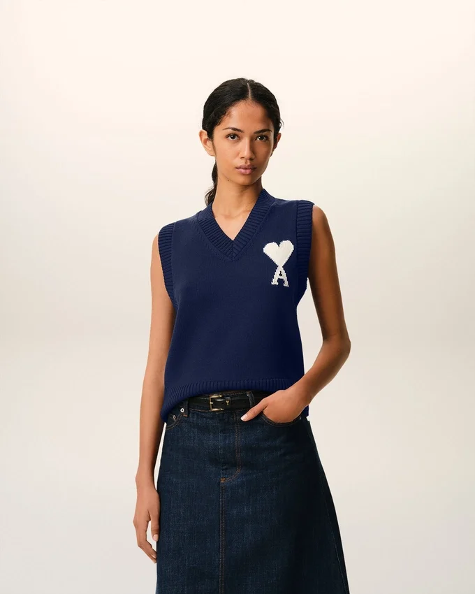 Blue Wool and Cotton Sleeveless Ami De Coeur Sweater Blue Wool and Cotton Sleeveless Ami De Coeur Sweater