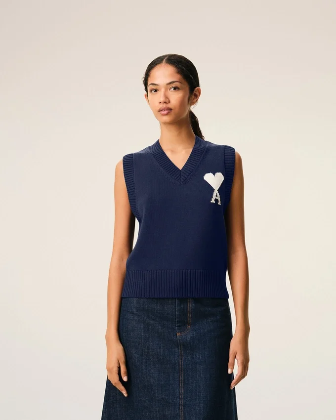 Blue Wool and Cotton Sleeveless Ami De Coeur Sweater Blue Wool and Cotton Sleeveless Ami De Coeur Sweater