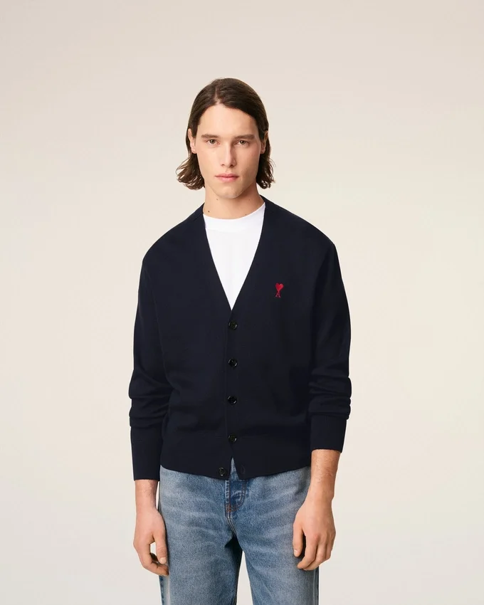 Blue Wool Cardigan with Contrasted Ami De Coeur Blue Wool Cardigan with Contrasted Ami De Coeur