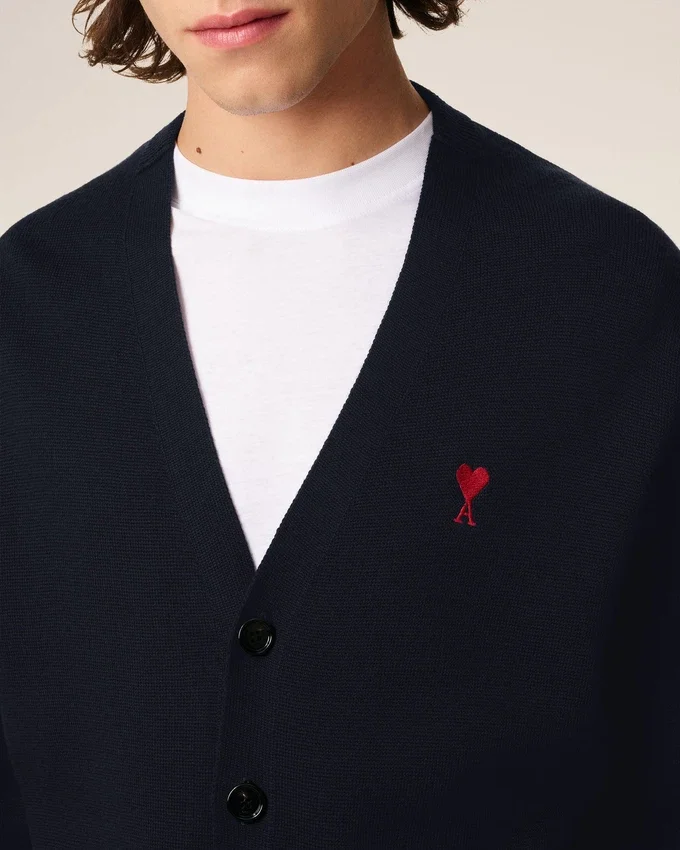 Blue Wool Cardigan with Contrasted Ami De Coeur Blue Wool Cardigan with Contrasted Ami De Coeur