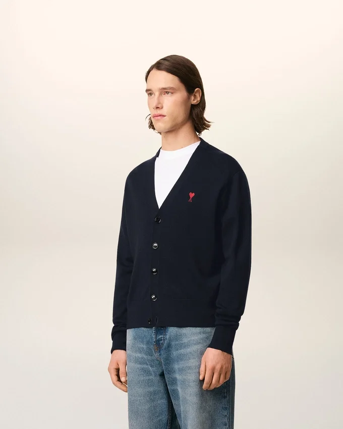 Blue Wool Cardigan with Contrasted Ami De Coeur Blue Wool Cardigan with Contrasted Ami De Coeur