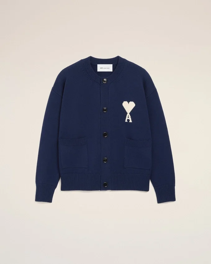 Blue Wool Crewneck Ami De Coeur Cardigan Blue Wool Crewneck Ami De Coeur Cardigan