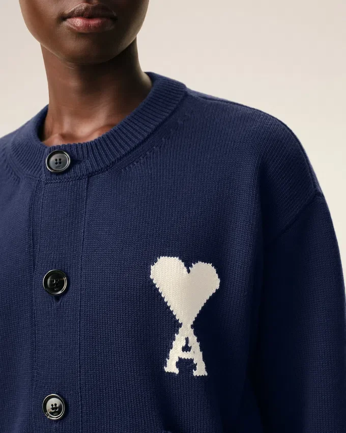 Blue Wool Crewneck Ami De Coeur Cardigan Blue Wool Crewneck Ami De Coeur Cardigan