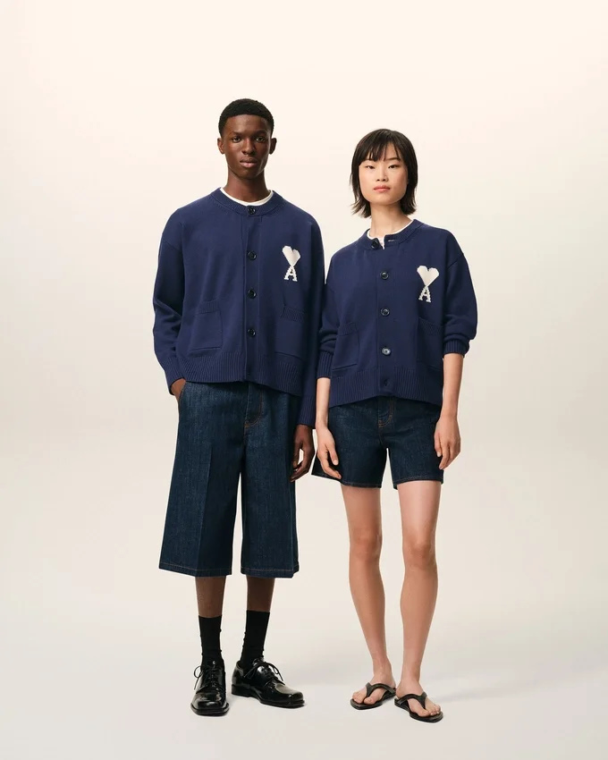 Blue Wool Crewneck Ami De Coeur Cardigan Blue Wool Crewneck Ami De Coeur Cardigan