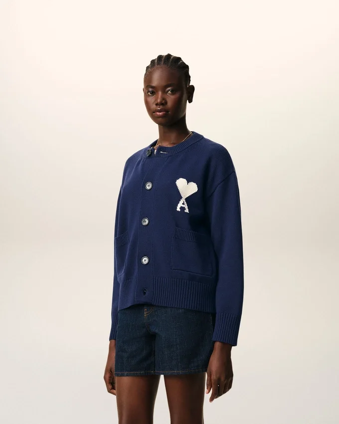 Blue Wool Crewneck Ami De Coeur Cardigan Blue Wool Crewneck Ami De Coeur Cardigan