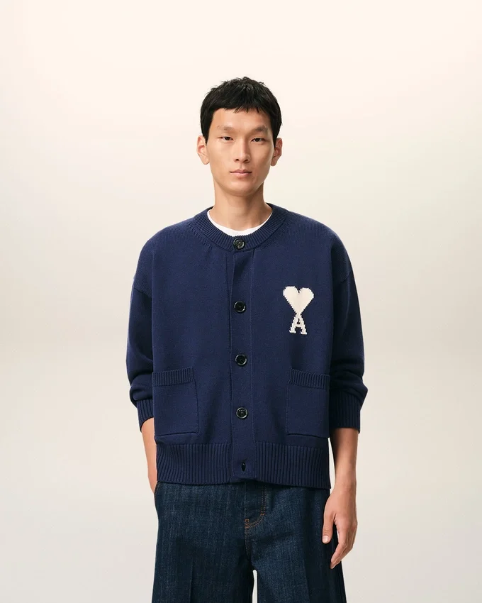 Blue Wool Crewneck Ami De Coeur Cardigan Blue Wool Crewneck Ami De Coeur Cardigan