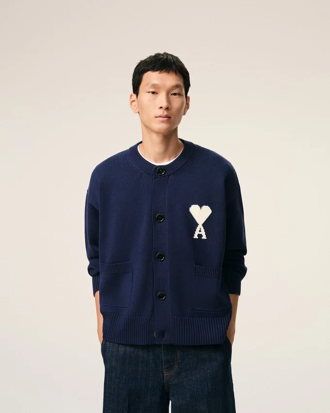 Blue Wool Crewneck Ami De Coeur Cardigan Blue Wool Crewneck Ami De Coeur Cardigan