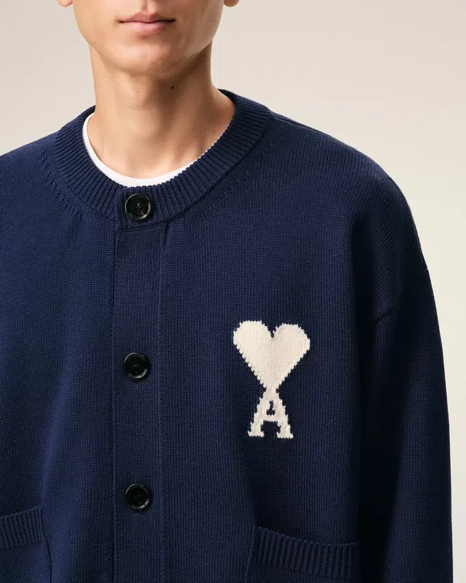 Blue Wool Crewneck Ami De Coeur Cardigan Blue Wool Crewneck Ami De Coeur Cardigan