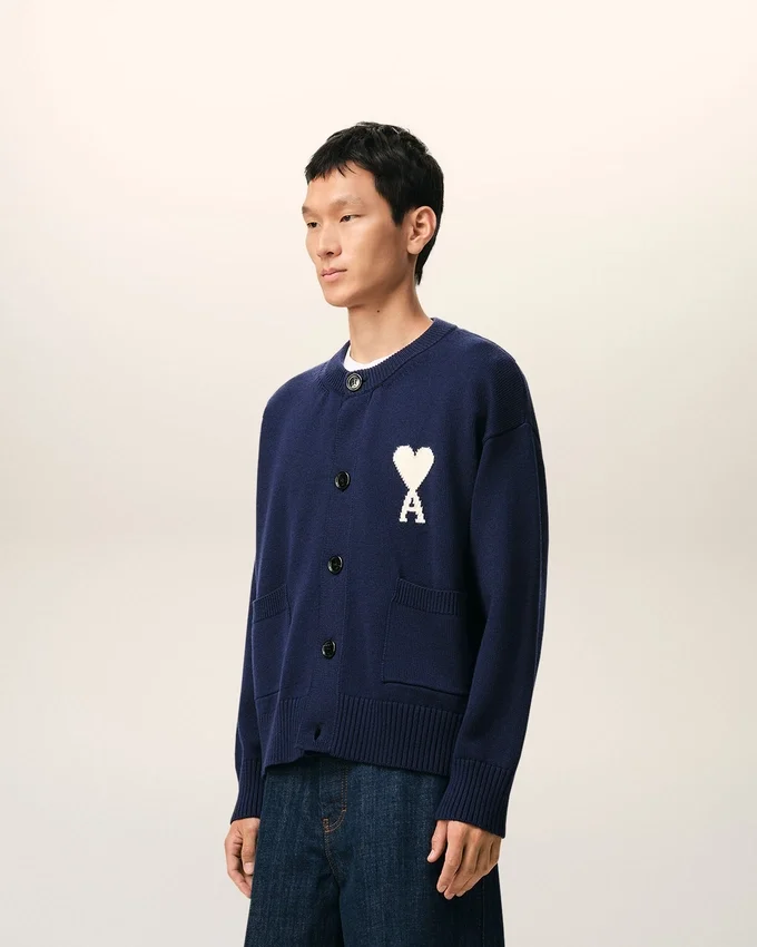 Blue Wool Crewneck Ami De Coeur Cardigan Blue Wool Crewneck Ami De Coeur Cardigan