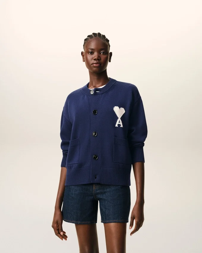 Blue Wool Crewneck Ami De Coeur Cardigan Blue Wool Crewneck Ami De Coeur Cardigan