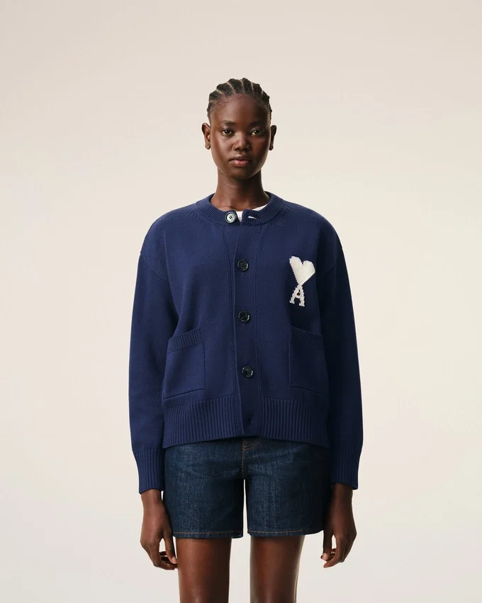 Blue Wool Crewneck Ami De Coeur Cardigan Blue Wool Crewneck Ami De Coeur Cardigan