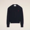 Blue Wool Crewneck Cardigan with Contrasted Ami De Coeur Blue Wool Crewneck Cardigan with Contrasted Ami De Coeur