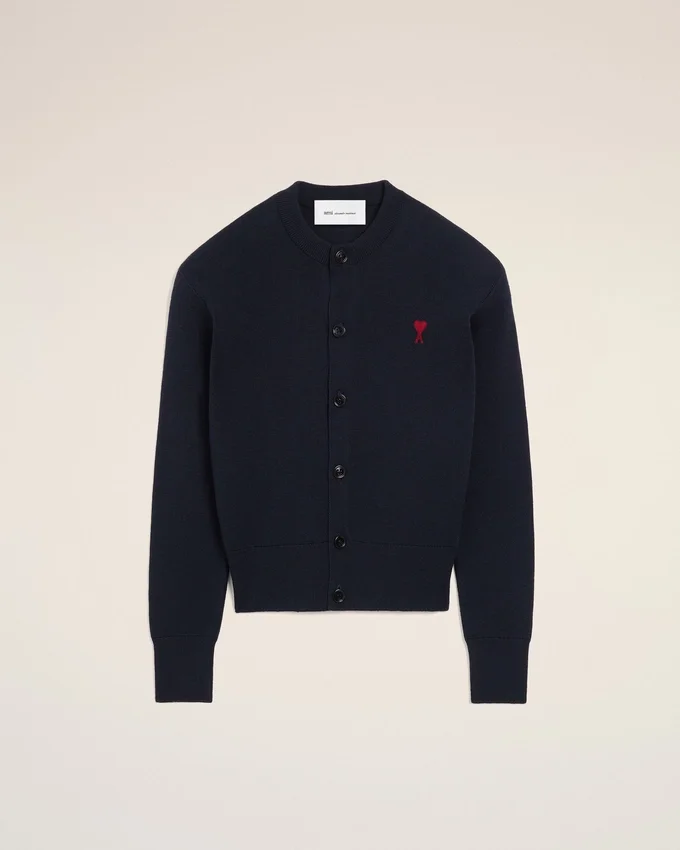 Blue Wool Crewneck Cardigan with Contrasted Ami De Coeur Blue Wool Crewneck Cardigan with Contrasted Ami De Coeur