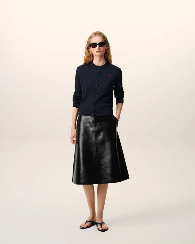 Blue Wool Crewneck Cardigan with Contrasted Ami De Coeur Blue Wool Crewneck Cardigan with Contrasted Ami De Coeur