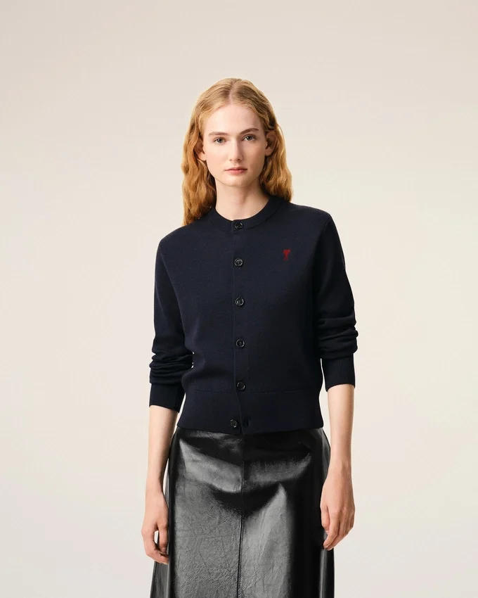 Blue Wool Crewneck Cardigan with Contrasted Ami De Coeur Blue Wool Crewneck Cardigan with Contrasted Ami De Coeur