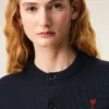 Blue Wool Crewneck Cardigan with Contrasted Ami De Coeur Blue Wool Crewneck Cardigan with Contrasted Ami De Coeur