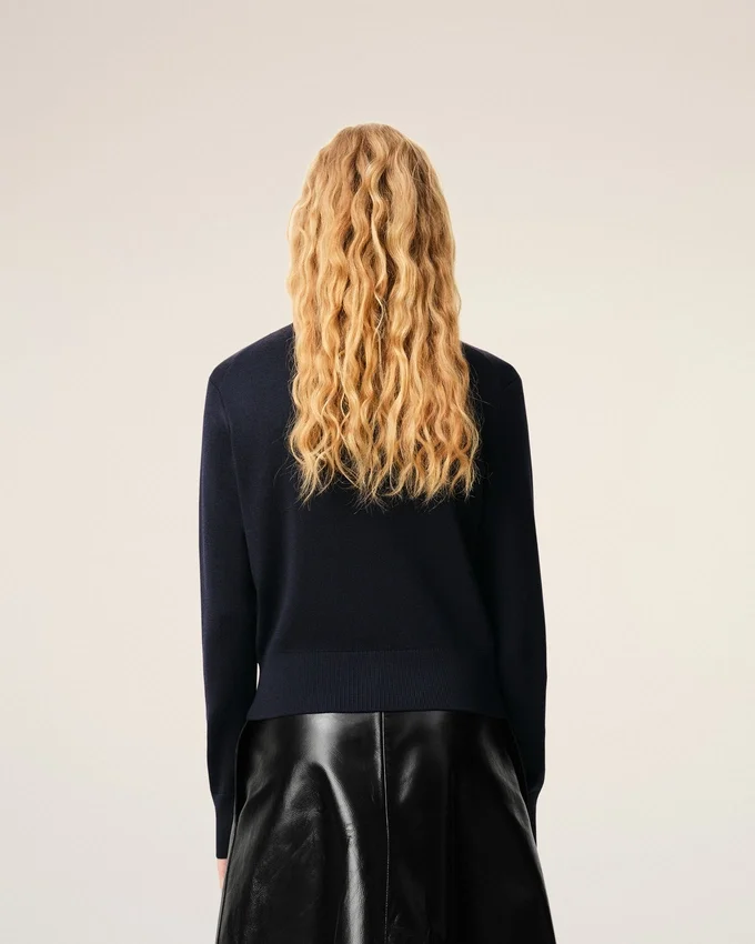 Blue Wool Crewneck Cardigan with Contrasted Ami De Coeur Blue Wool Crewneck Cardigan with Contrasted Ami De Coeur