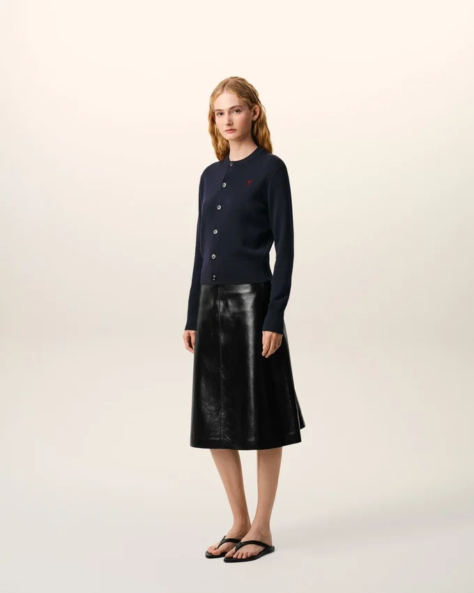 Blue Wool Crewneck Cardigan with Contrasted Ami De Coeur Blue Wool Crewneck Cardigan with Contrasted Ami De Coeur