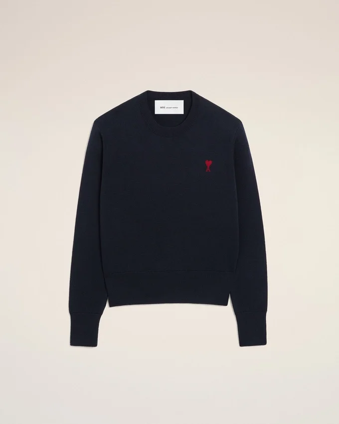 Blue Wool Crewneck Sweater with Contrasted Ami De Coeur Blue Wool Crewneck Sweater with Contrasted Ami De Coeur