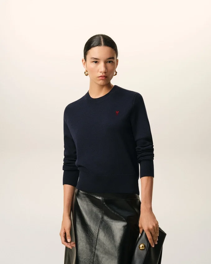 Blue Wool Crewneck Sweater with Contrasted Ami De Coeur Blue Wool Crewneck Sweater with Contrasted Ami De Coeur