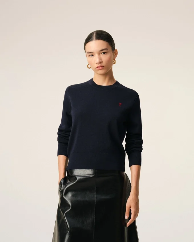 Blue Wool Crewneck Sweater with Contrasted Ami De Coeur Blue Wool Crewneck Sweater with Contrasted Ami De Coeur